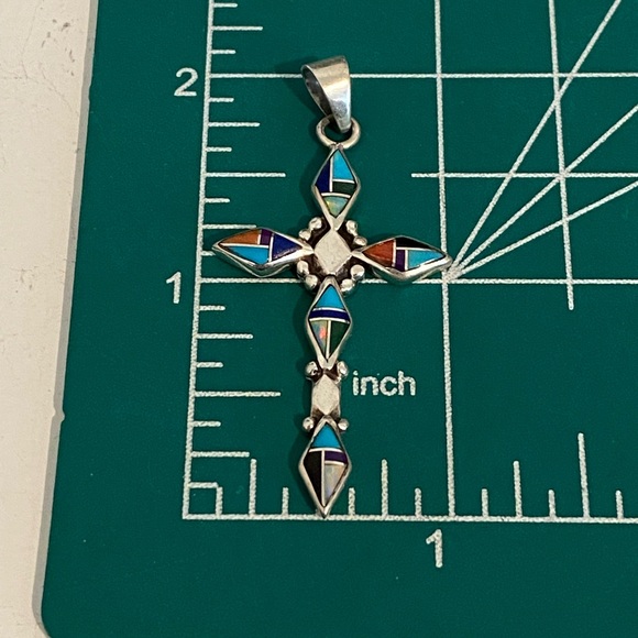 Zuni Multi-Gemstone Inlay Cross Pendant - Picture 3 of 3